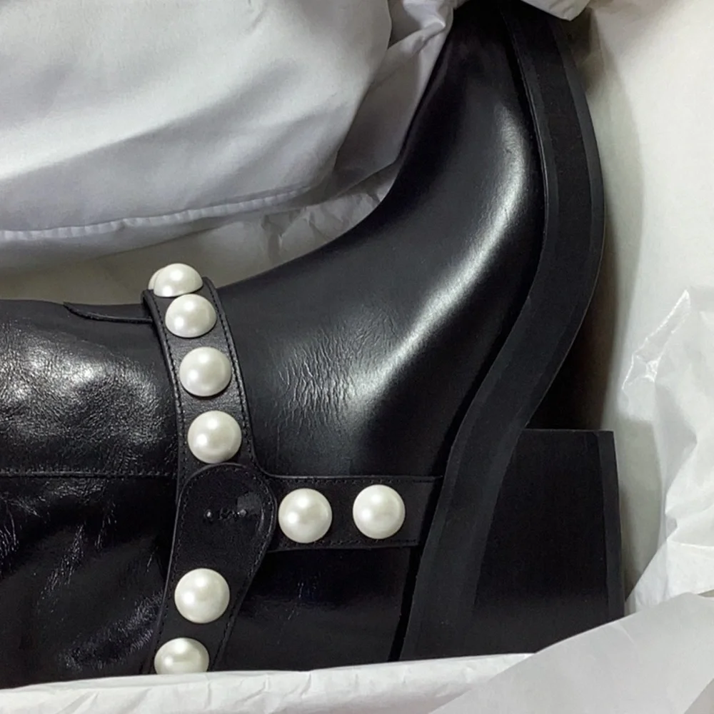 Jimmy Choo Tonya 70 leather boots. Note one pearl is off(refer to the picture)